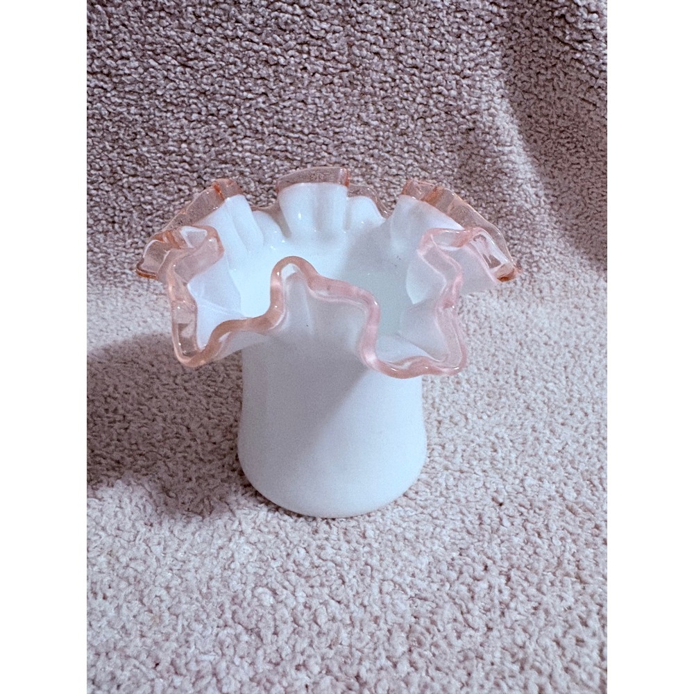 Vintage Milk Glass Rose Crest Top Hat Vase Pink Ruffled Rim Double Crimped White